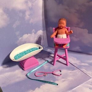 Purple high chair and scale with my mini baby